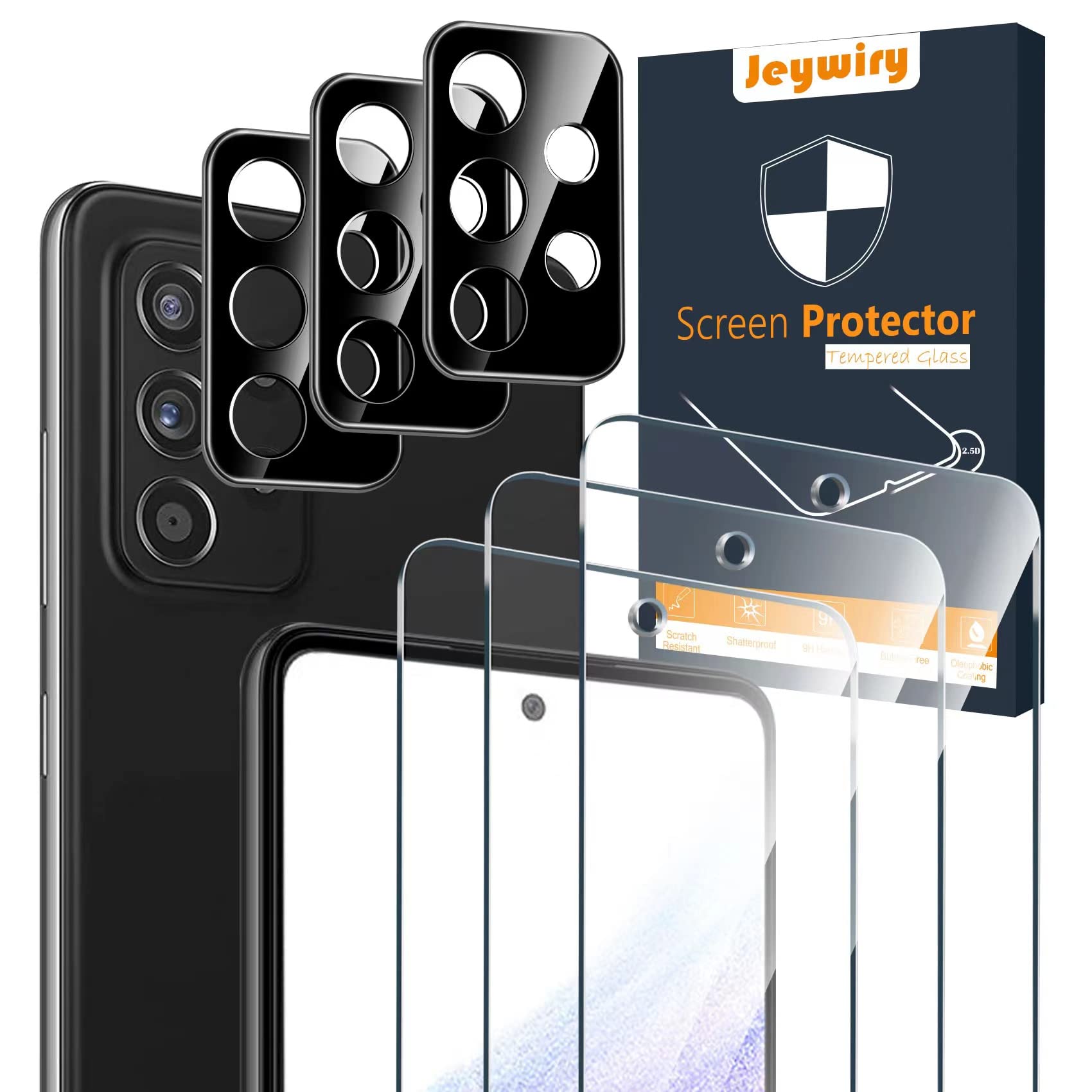Photo 1 of Jeywiry 3 Pack Screen Protector Compatible for Samsung Galaxy A53 5G with 3 Pack Camera Lens Protector, Ultra HD Tempered Glass, 9H Hardness, Anti-Scratch, Easy Installation - Case Friendly