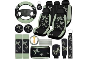 BBTO 43 Pcs Butterfly Car Seat Full Set Butterfly Car Accessories for Women 5 Front Rear Seat Covers Wrist Strap 2 Pcs Cup Mat Armrest Pad 2 Belt Xmas Cover Accessories for SUV(Green, Black)