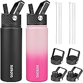 BJPKPK 2 Pack Insulated Water Bottles with Straw Lids, 22oz Stainless Steel Metal Water Bottle with 6 Lids, Leak Proof BPA Free Jugs, Cups, Flasks for Travel, Sports (Cherry+Black)