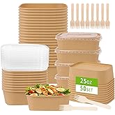 DeziWood 50 Pack 25 oz Paper Food Containers with Lids, Meal Prep Containers Disposable Large Paper Bowls, Microwavable and Freezer Storage Use Cardboard Food Containers