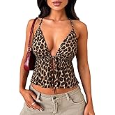 Women's Y2K Cute Summer Leopard Print Halter Top Sexy Tie Front Backless Ruffle Beach Crop Going Out Tops for Women