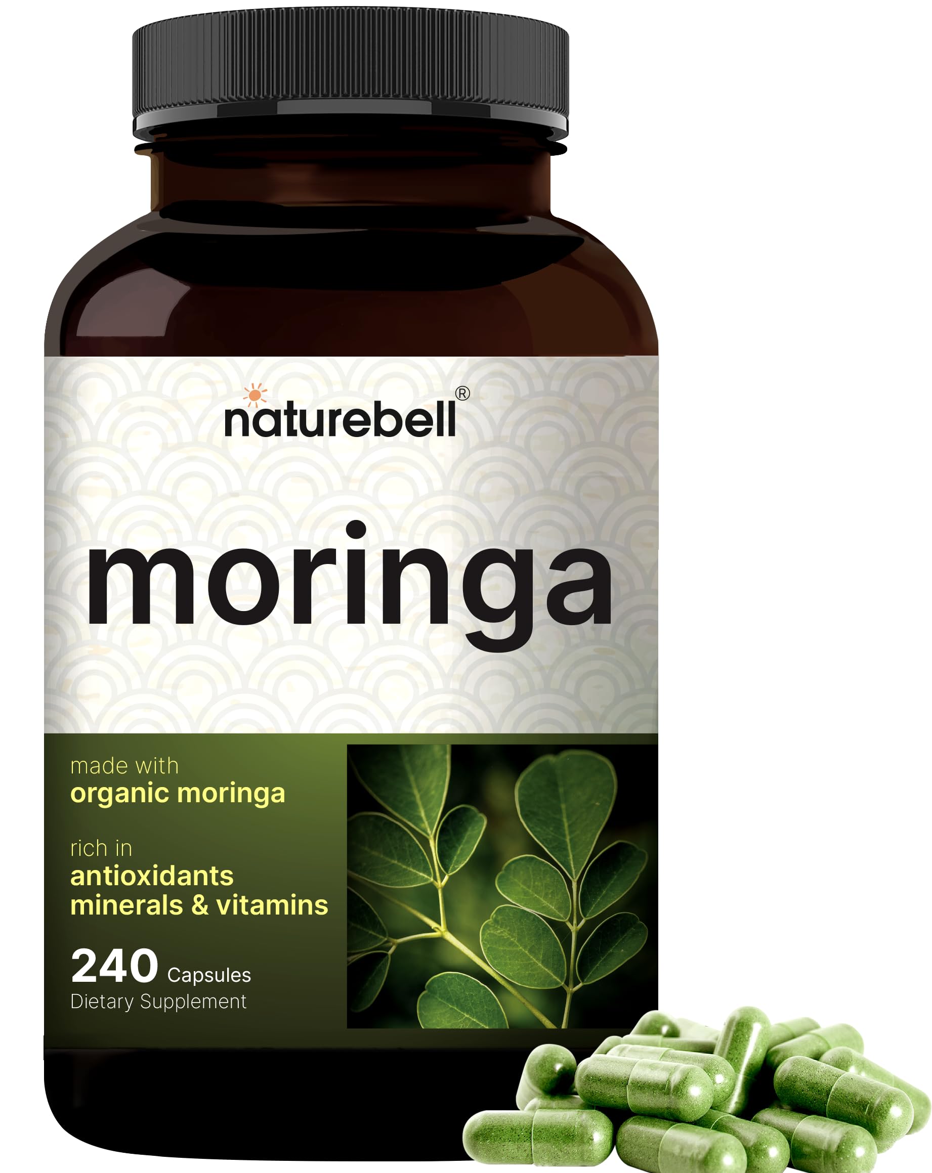 NatureBell Pure Moringa Capsules 8,000mg Per Serving | Made with Moringa Powder Organic, 240 Capsules – Green Superfood, Skin Health, & Immune Support – Non-GMO, Gluten Free, 4 Month Supply