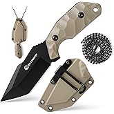 SPITZKANTE Neck Knife with Sheath and Necklace X-TAN-K, Horizontal Carry Knife with Full Tang Tanto 5Cr14MoV Steel Blade, Khaki ABS Handle, EDC, Outdoor, Camping & Hiking