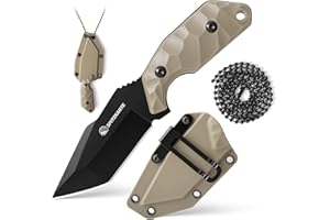 SPITZKANTE Neck Knife with Sheath and Necklace X-TAN-K, Horizontal Carry Knife with Full Tang Tanto 5Cr14MoV Steel Blade, Khaki ABS Handle, EDC, Outdoor, Camping & Hiking