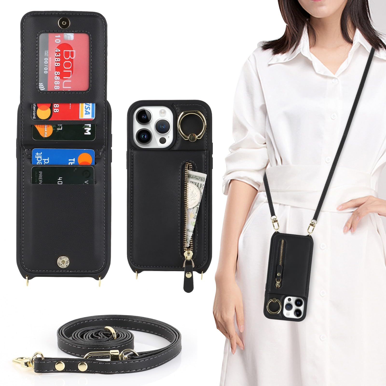 Zouzt for iPhone 13 Pro Case with Cord and Card Holde, Zipper Wallet Case with Crossbody Lanyard Ring Adjustable Necklace Protective Cover Women for iPhone 13 Pro 6.1 Inch - Black