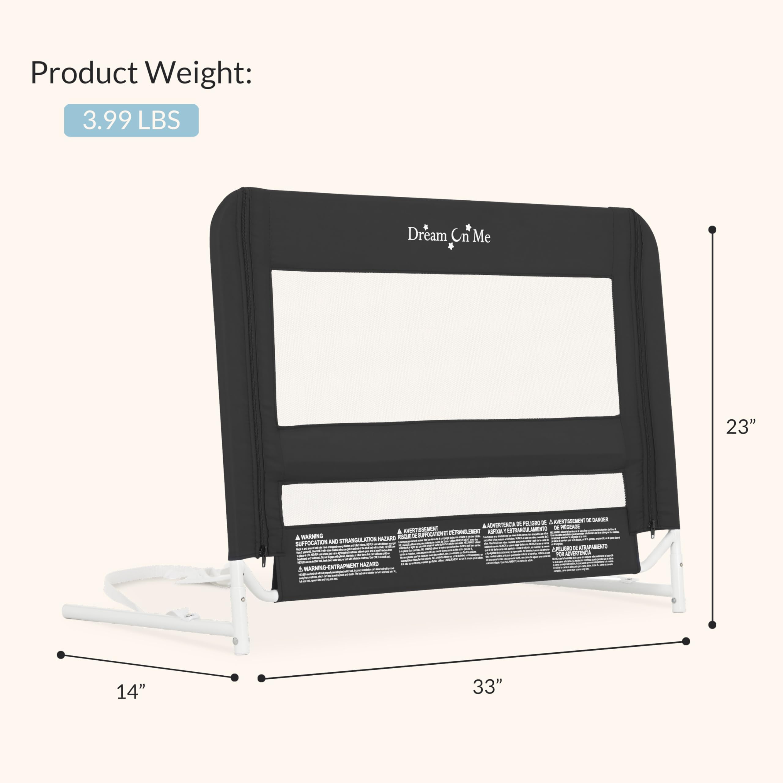 Dream On Me Mesh Security Bed Rail – Toddler Safety Guard with Breathable mesh, Reinforced Anchor System, Lightweight, Portable, fits Adult Twin-Size beds, Black
