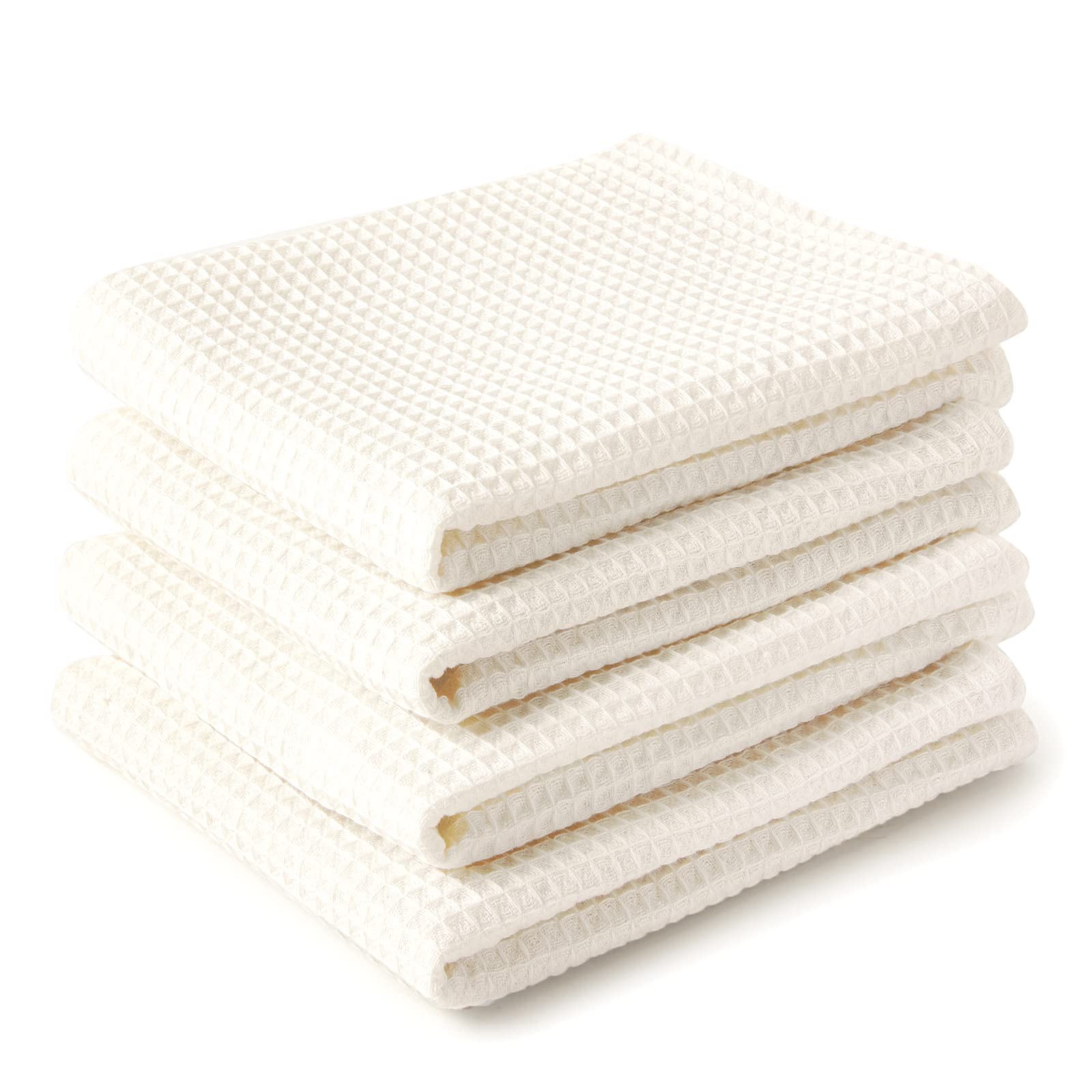 Encasa XO Kitchen Dish Towels Set | Solid Off White | Waffle Weave and Flat Hand Tea Towel | 70x45 cm | Quick Drying Reusable Cotton Washcloths | Multipurpose Lightweight Dishcloths Set of 4
