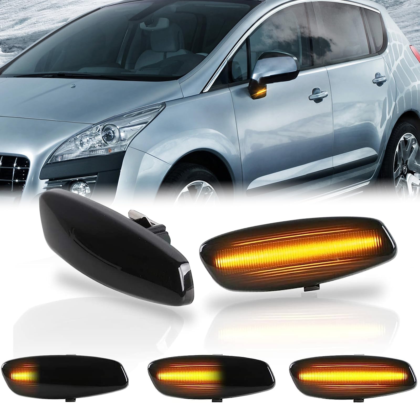 OZ-LAMPE Turn Signal Light, LED Dynamic Side Indicator Compatible for Peugeot 207 308 3008 5008 RCZ for Citroen C3 DS3 C4 Picasso DS4 C5, Flowing Side Marker Repeater Blinker Lamp Black Smoked Lens