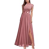 Miusol Women's Elegant Sequin Lace Contrast Chiffon Split Style Evening Party Maxi Dress
