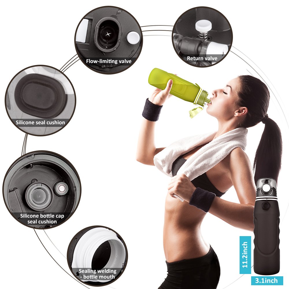 Collapsible Water Bottle,Folding Silicone Water Bottle,MeanLove Outdoor Sports 1000 ml/34 Ounce Portable Silicone Water Bottle Leak Proof Twist Cap,34 Ounce（34 OZ）/ 1 L Water Bottle (Black Gray, 1000 ml / 35 Ounce)