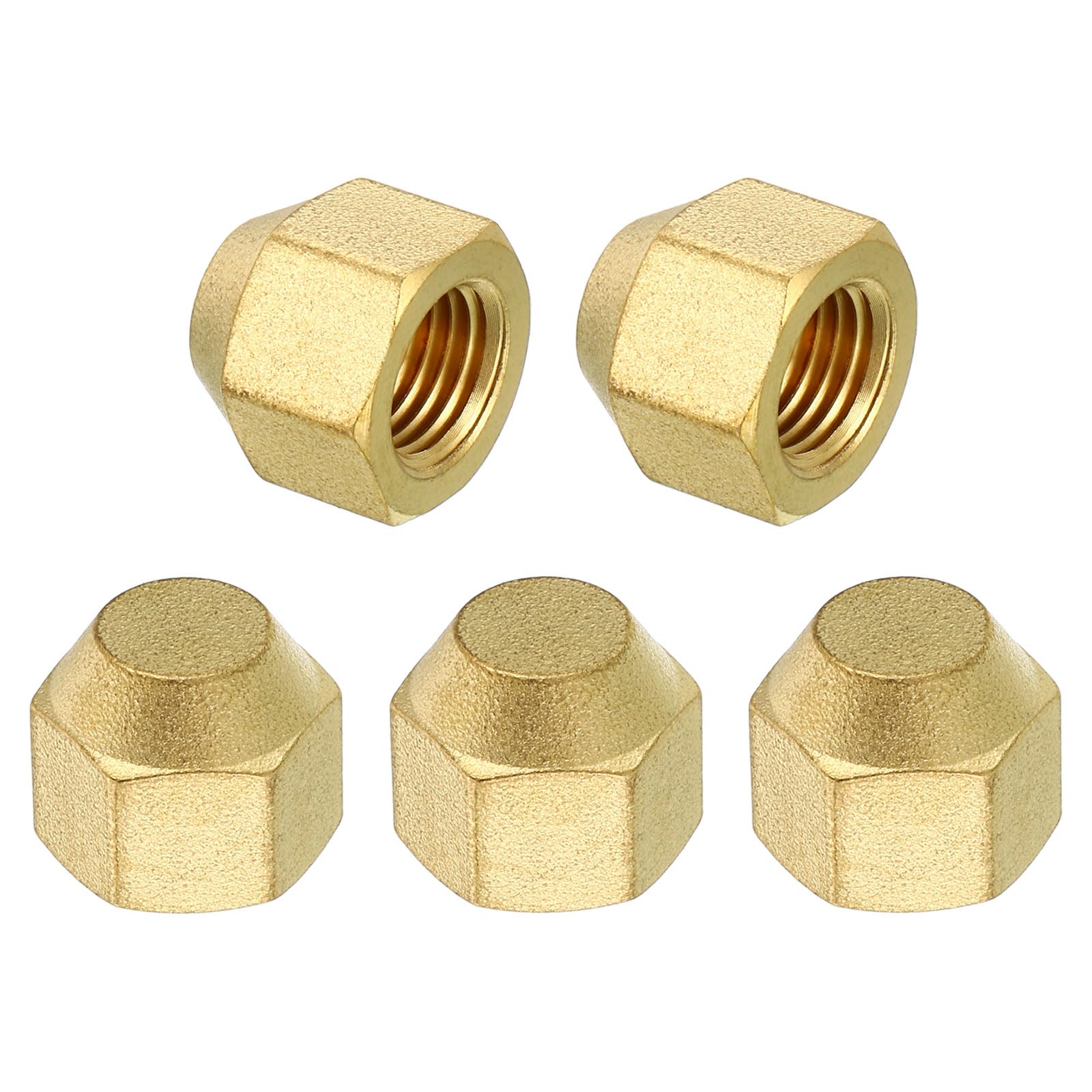 PATIKIL 1/4" Brass Flare Cap, 7/16-20UNF Female Thread 5Pcs SAE Flare Fitting 45 Degree Hex Pipe Fittings for Air Conditioner Refrigeration