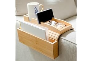 KARSUN CRAFT Bamboo Couch Cup Holder with Side Storage Pocket & Phone Holder - Non-Slip Sofa Armrest Tray Table for Drinks, Cellphone, Remote Control, Snacks - Multifunctional Couch Arm Tray Organizer Caddy