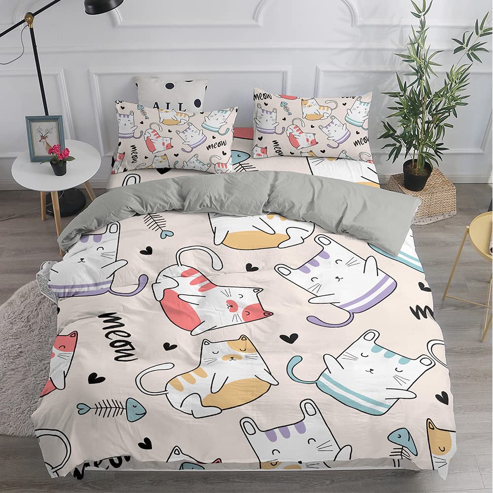 Treer Cat Duvet Cover Set Double Size for Kids Boys, 3 PCS Beige & Grey Cute Cartoon Animal Printed Bedding Set Soft Microfiber Easy Care Quilt Cover with 2 Pillow cases -200 x 200 cm — image 1
