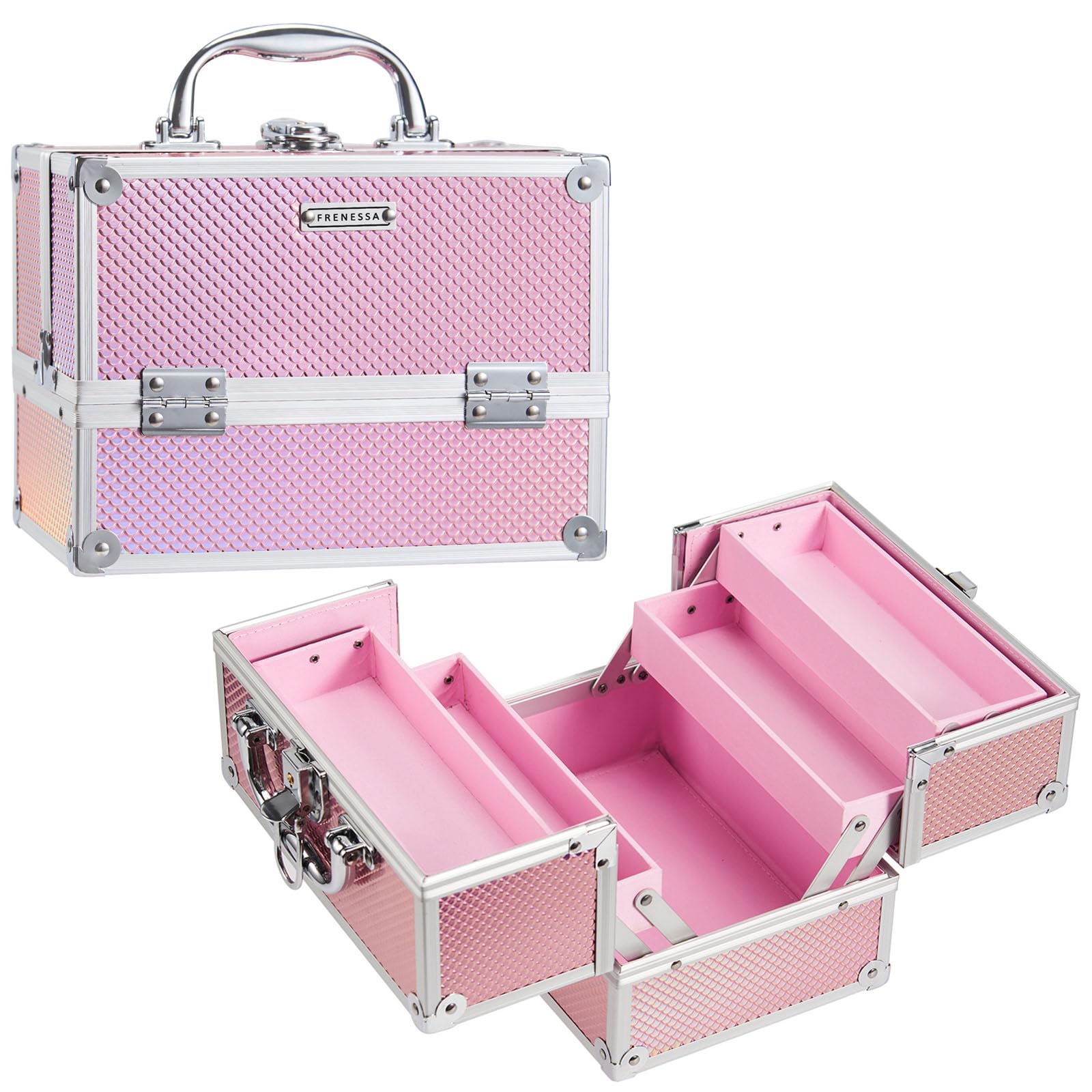 Photo 1 of FRENESSA Makeup Train Case 8.85 Inch Portable Makeup Case Organizer Cosmetic Box Make Up Box Makeup Organizer Cosmetic Storage Cases with Locking Nail Kit Organizer Small Travel Case Mermaid Pink