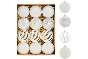 5TH LILY Christmas Ornaments Set of 12, 3.15" Flocked Velvet Balls with Hand Painted Designs, White Elegant Christmas Tree Decorations in Gift Box