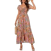 Women's Summer Casual Short Sleeve V Neck Smocked Elastic Waist Tiered Boho Floral Flowy Maxi Dress