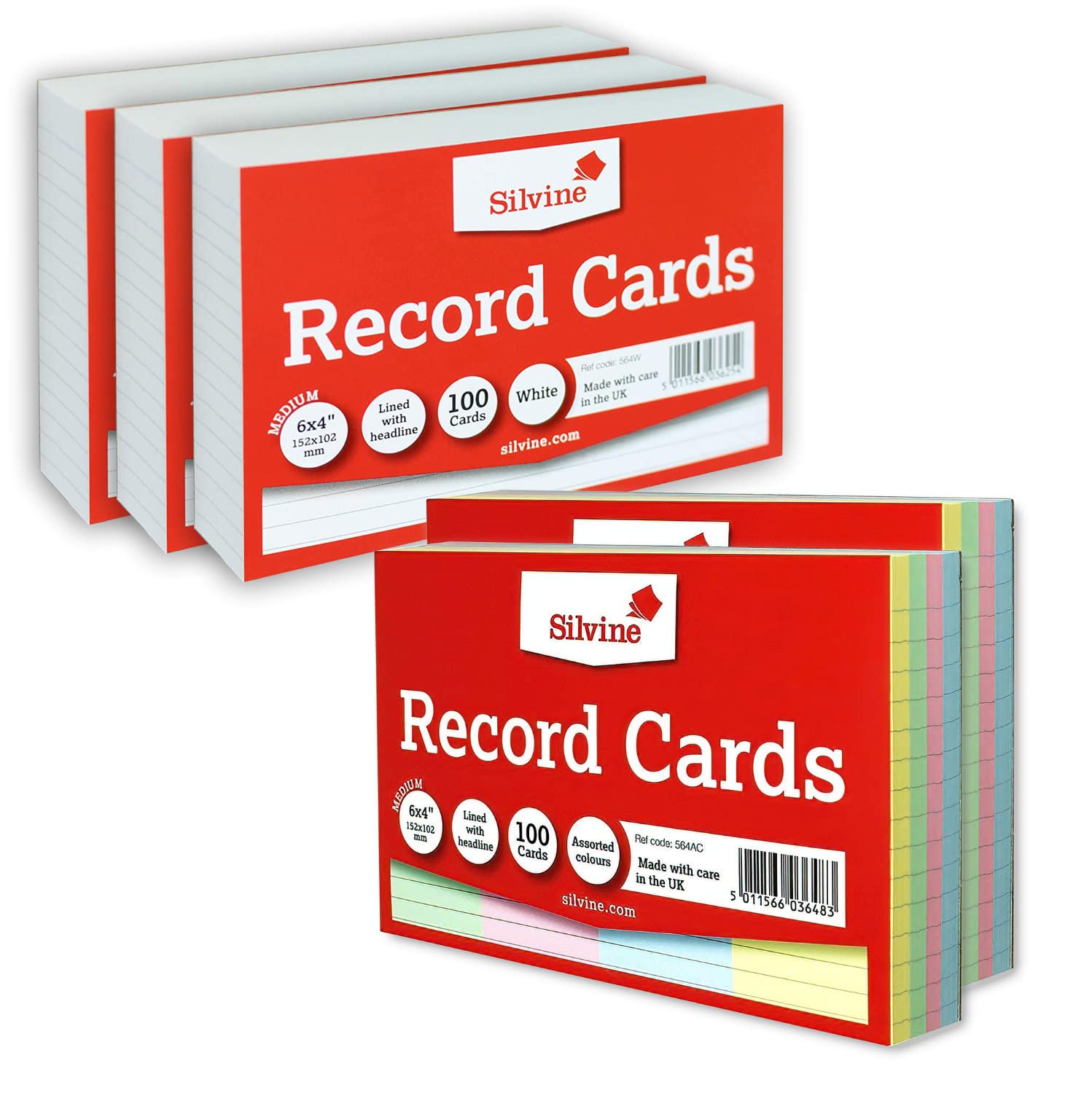 Silvine Record Cards 6x4” Coloured and White Lined with Headline Bulk Mixed Pack of 500 | 2 x 100 Coloured and 3 x 100 White – Size Medium 152 x 102mm EAP-64CWL-500