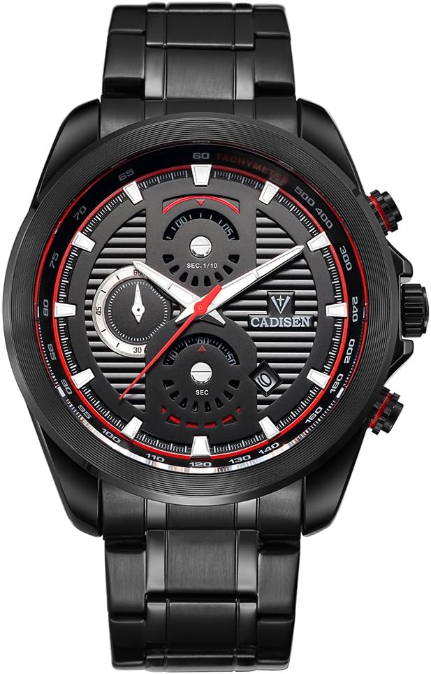 CADISEN Men's Quartz Fashion Energy Sport Wrist Watches Calendar Date 30M Waterproof Stainless Steel Strap
