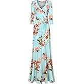 Bon Rosy Women's Super Stretchy Maxi Party Dress Spring Floral Print Faux Wrap 3/4 Sleeve V-Neck
