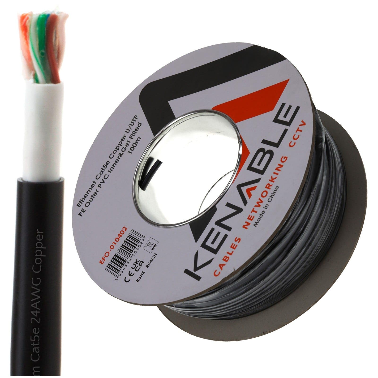 kenable Direct Burial CAT5e Outdoor Ethernet Cable 24AWG Copper Gel Filled Weatherproof UV Resistant Double Sheath UPVC PE Network Reel Black 100m