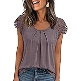 AUTOMET Womens Lace Tops Pleated Short Sleeve Shirts Summer Business Casual Dressy Blouses