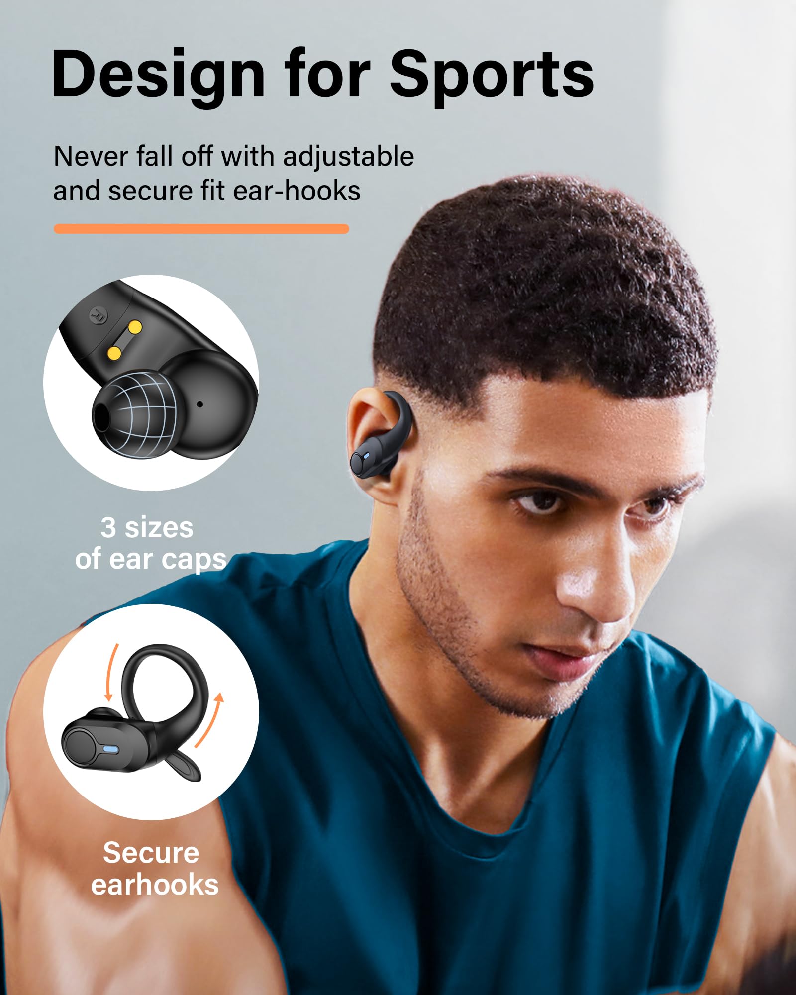 BOLOXA Wireless Earbuds, 70H Playtime Ear Buds, Bluetooth 5.3 Headphones, Sports Earphones with Earhooks, Wireless Charging Case with LED Power Display, Black