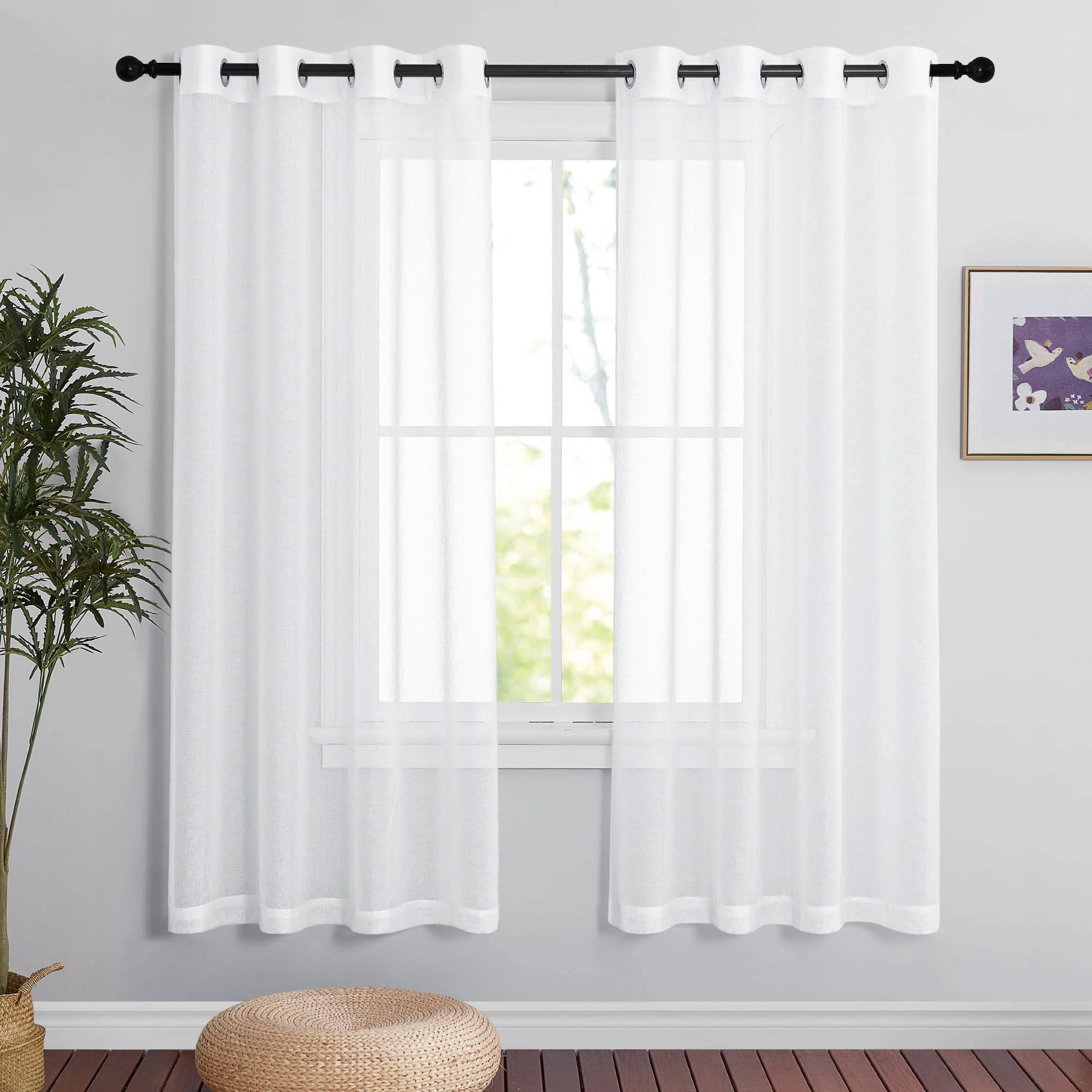 PONY DANCE Bedroom Curtains and Curtains Linen Look Curtain White Semi-Transparent Window Curtains for Living Room Curtains with Eyelets Set of 2, 55 x 68 Inch Drop