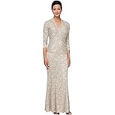 S.L. Fashions Womens Long Sequin Lace Fit and Flare Mother of The Bride Dress with Jacket (Petite & Regular Sizes)