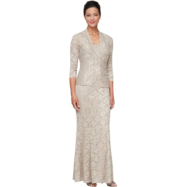 chinese dress ladies Alex Evenings Sequin Lace Long A-Line Dress with 3/4 Sleeve Illusion Jacket Wedgewood / 8 main image 0