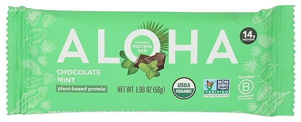 ALOHA ORGANIC PLANT BASED PROTEIN BARS, VEGAN, LOW SUGAR & CARB, PALEO, NON-GMO, GLUTEN/STEVIA/SOY FREE, NO SUGAR ALCOHOLS, CHOCOLATE MINT, 1.98 OZ