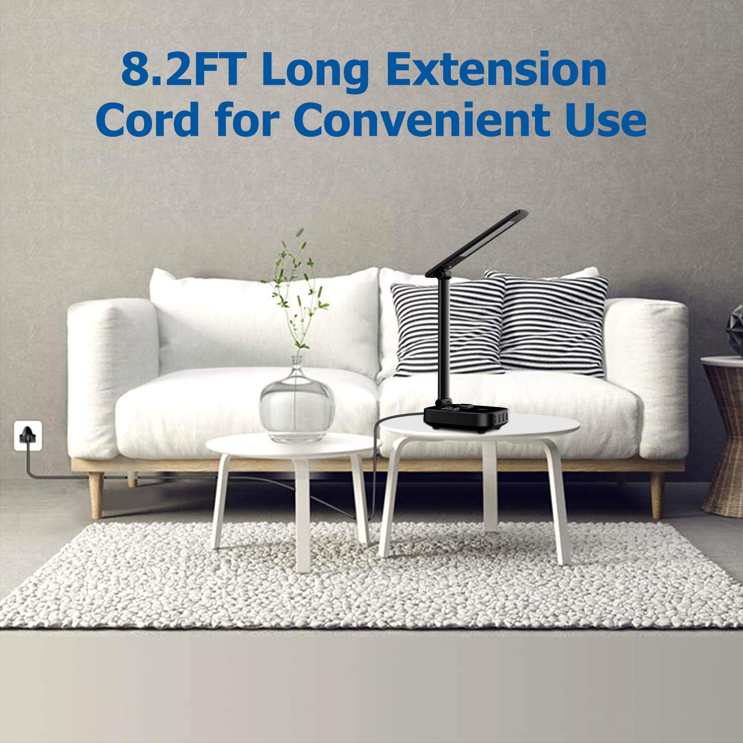 Yostyle LED Desk Table Lamp Light with 4 Surge Protector USB Charging Port and 2 AC Power Outlet, 8.2FT Cord Power Strip Station, 3 Level Brightness, Eye-Caring Foldable Lamp for Bedside Office Hotel