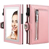 TOYFID Women Wallet with Card Holder, Small Pretty Wallet with Mirror for Women,Pop Up Card Holder Wallet, Tri-fold Genuine Leather Wallet Women with Mirror, Compact Wallet for Traveling (Pink)