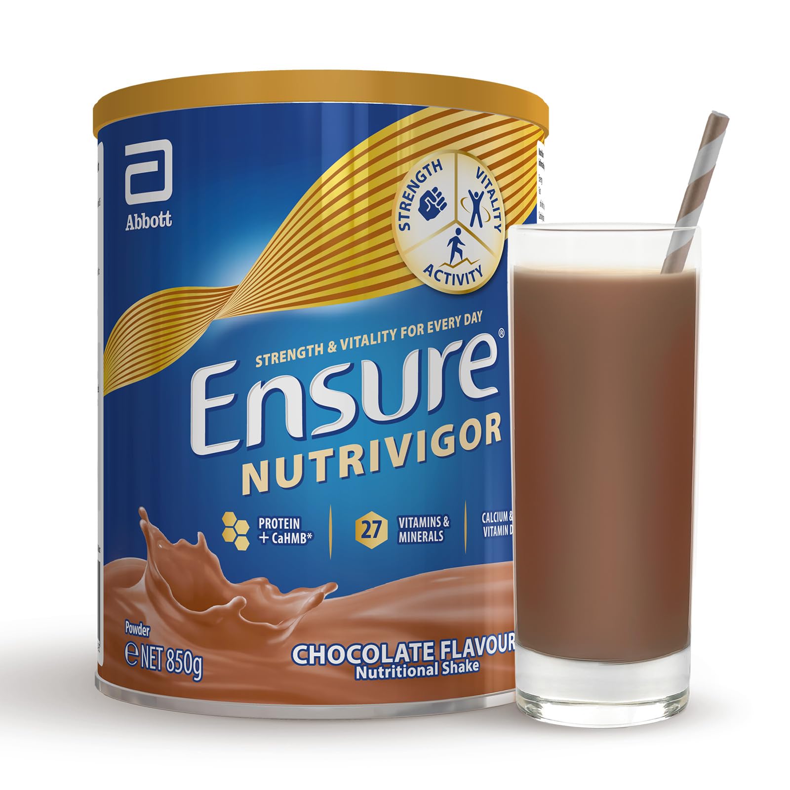 Ensure NutriVigor Nutritional Shake – Chocolate Flavour – 850g – Food Supplement with Protein, HMB & 27 Vitamins & Minerals – Supports Strength, Energy & Immunity – With Vitamin D, C & B