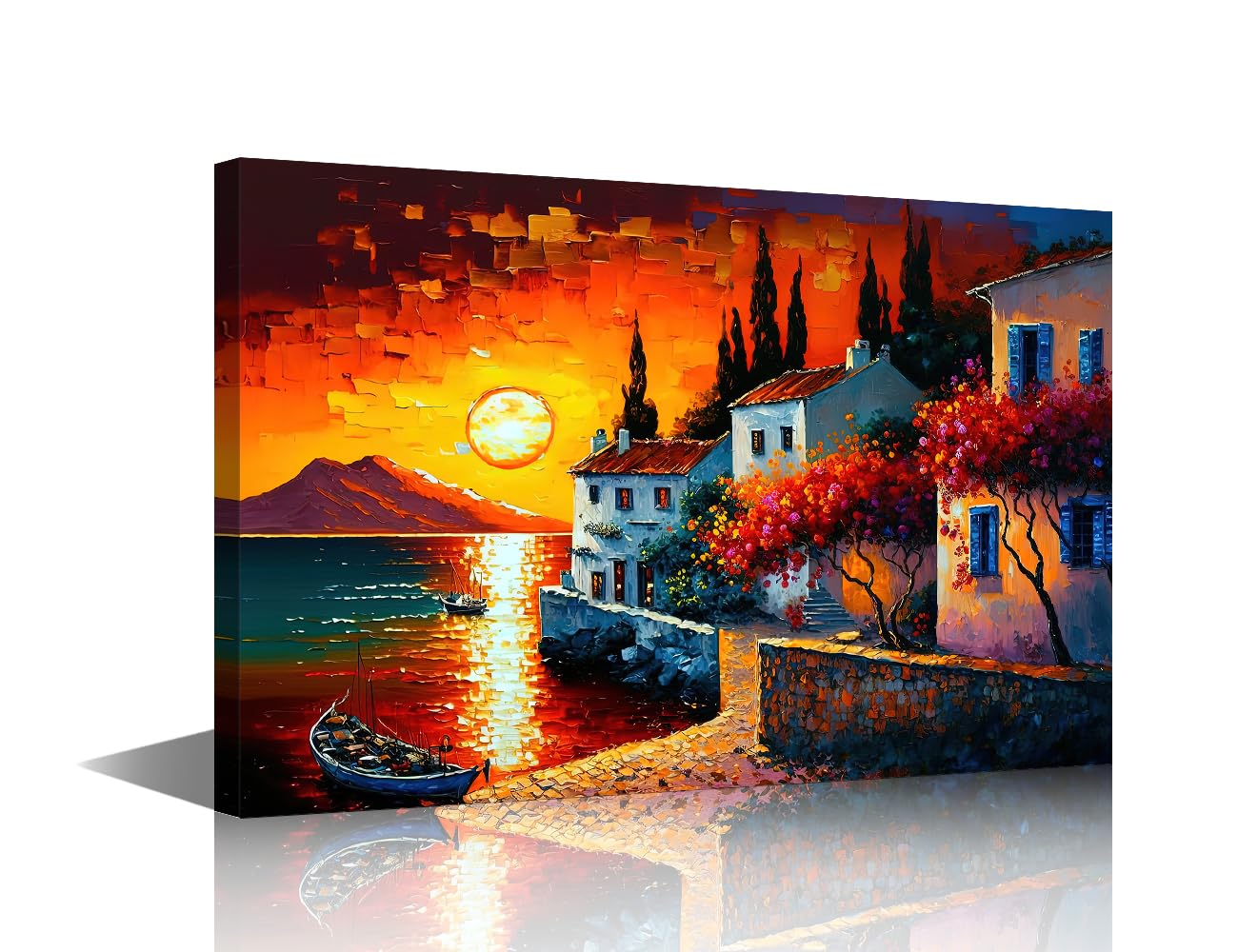 TISHIRON Greece Seaside Cityscape Wallpaper Wall Art Ocean View in Evening Time Oil Painting for Living Room Bedroom Canvas Home Decor House Decorations Framed Ready to Hang 16"x24" — image 1