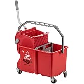 UNGER Commercial SmartColor Red Dual-Compartment Restroom Mop Bucket COMSR | Ideal for Bathroom Cleaning; 4-gallon; Comes with Side-Press Wringer for Clean/Dirty Water Separation