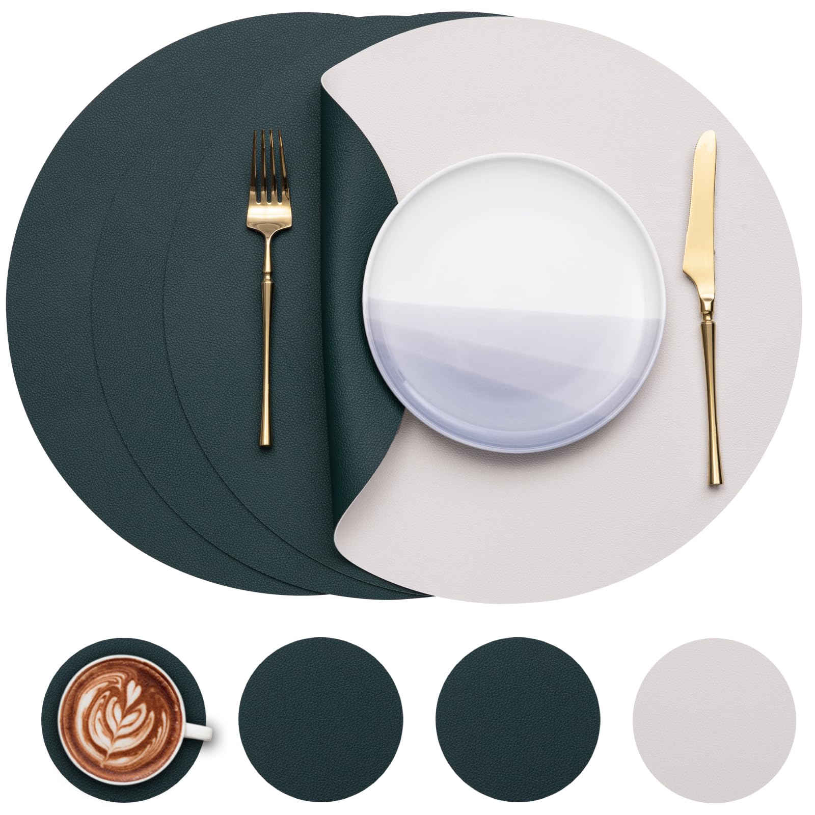 Myir JUN Round Table Placemats Set of 4 Faux Leather Place Mats and Coasters 15 inch Round Dual Sided Placemats Non-Slip Wipe Clean Stain Resistant (White Green,Set of 4)