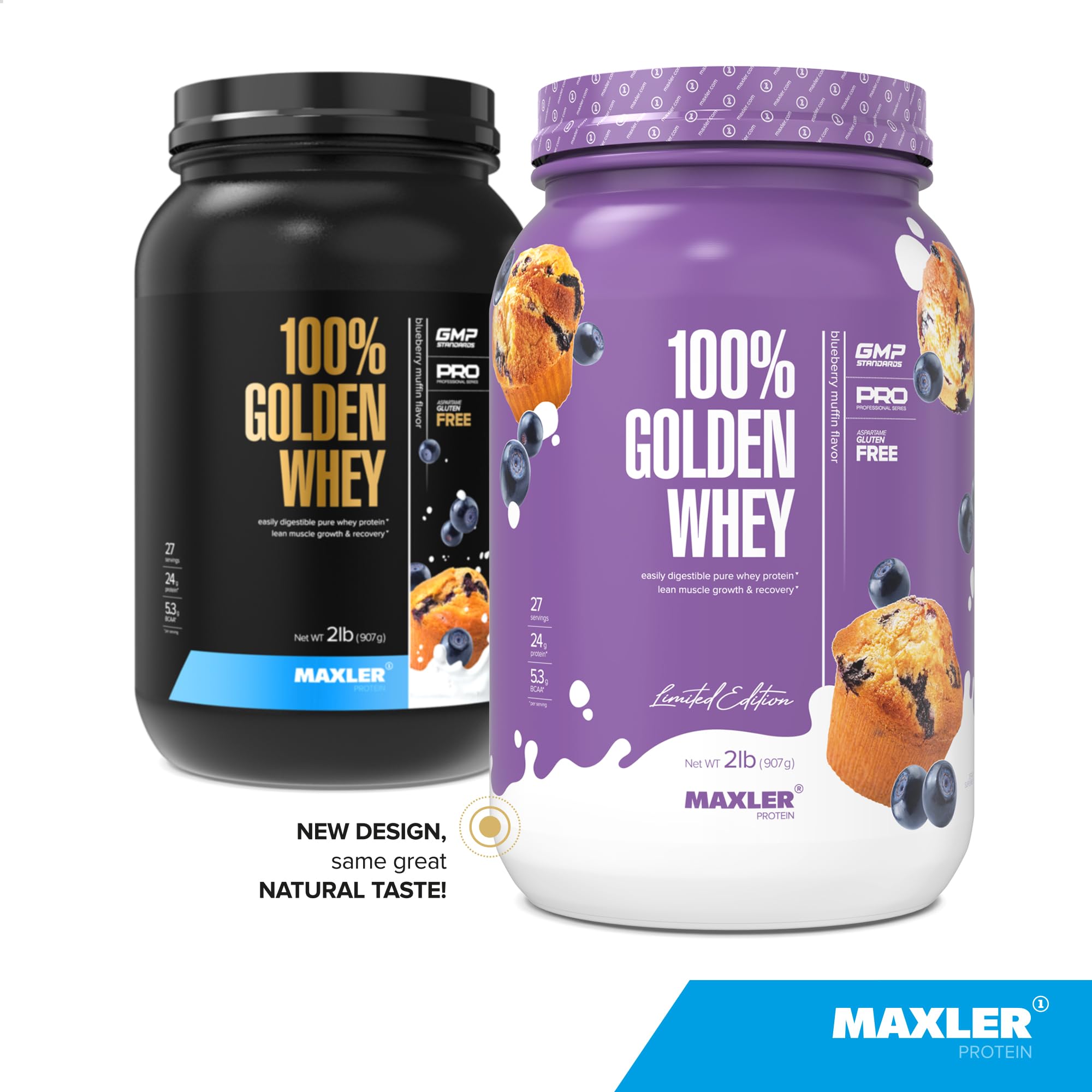 Maxler 100% Golden Whey Protein - 24g of Protein per Serving - Premium Whey Protein Powder for Pre Post Workout - Fast-Absorbing Whey Concentrate, Isolate & Hydrolysate Blend - Blueberry Muffin 2 lb