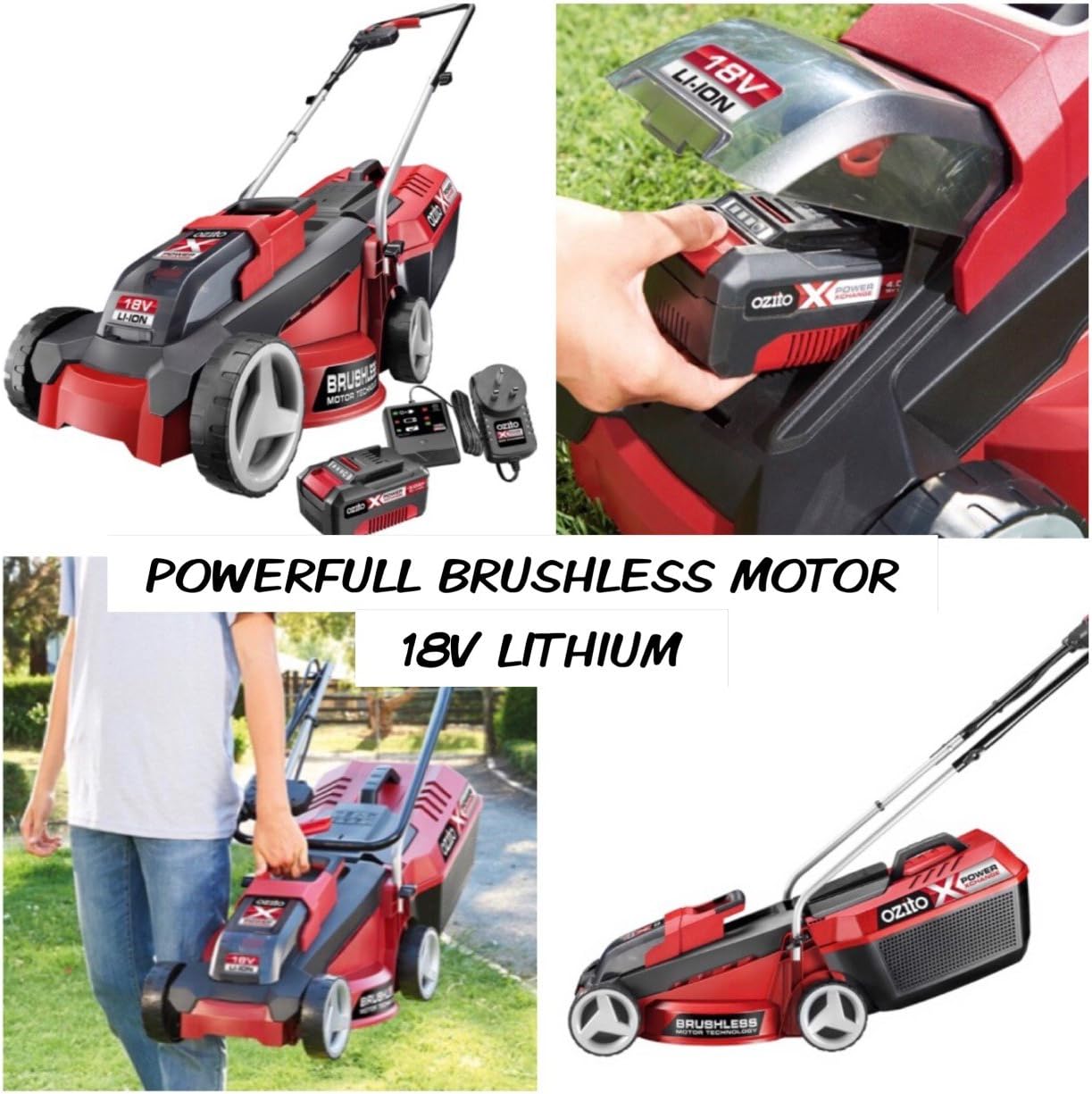 lawnmower 18v cordless state of the art super lightweight powerfull brushless comlete kit with 3.0 ah lithium battery and fast charger