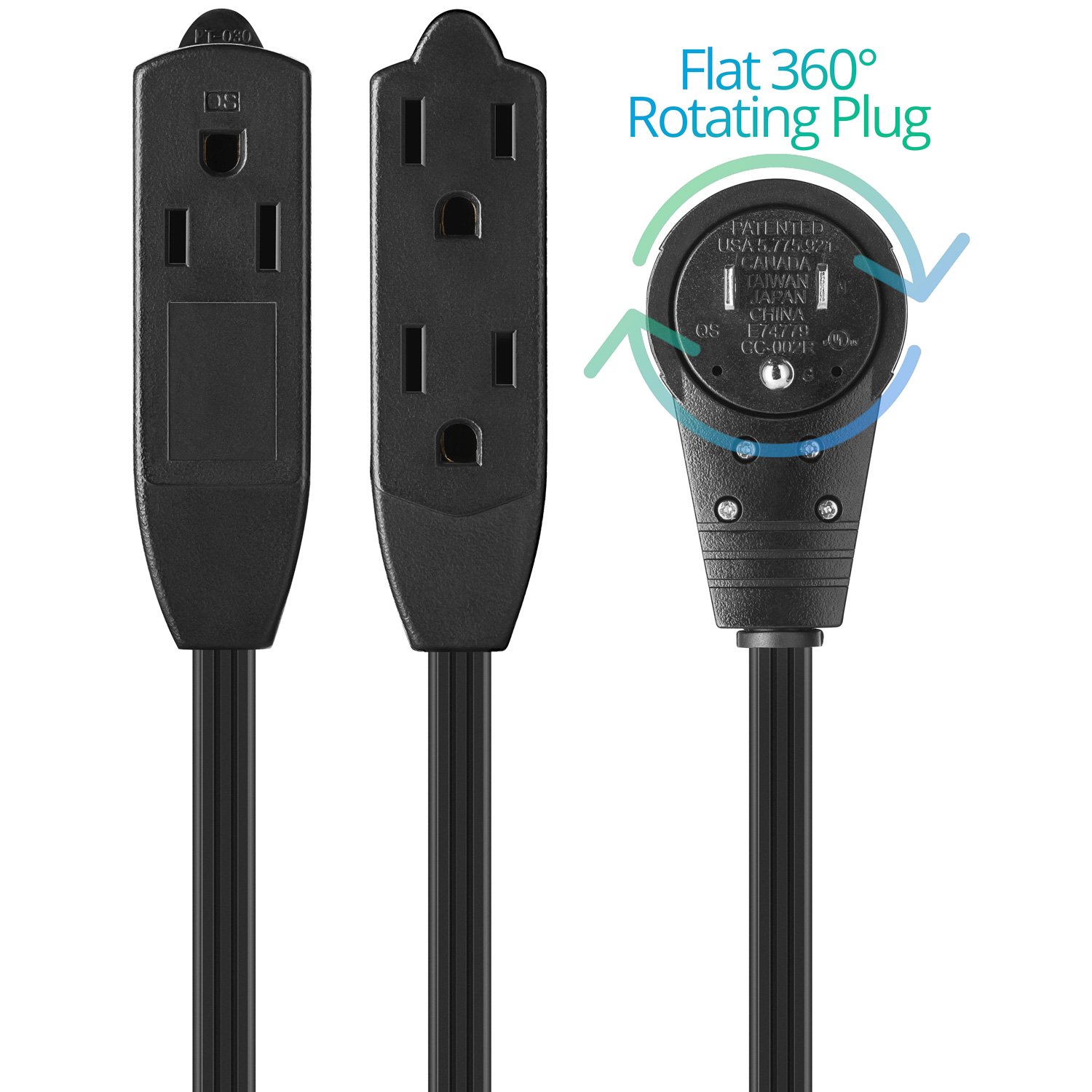 Maximm Cable 4 Ft 360° Rotating Flat Plug Extension Cord / Wire, 16 AWG