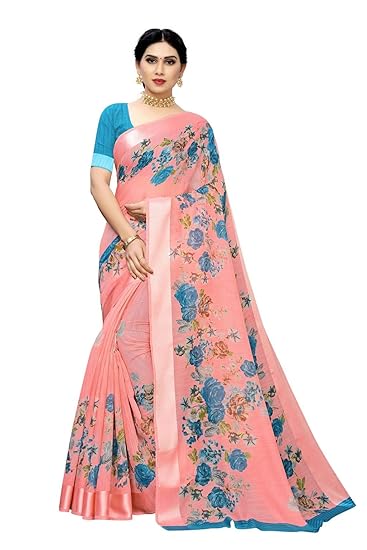 Womens Gajari Color Linen Cotton Satin Patta Flower Printed Saree With Blouse Piece (SASMITA GAJARI_Free Size)