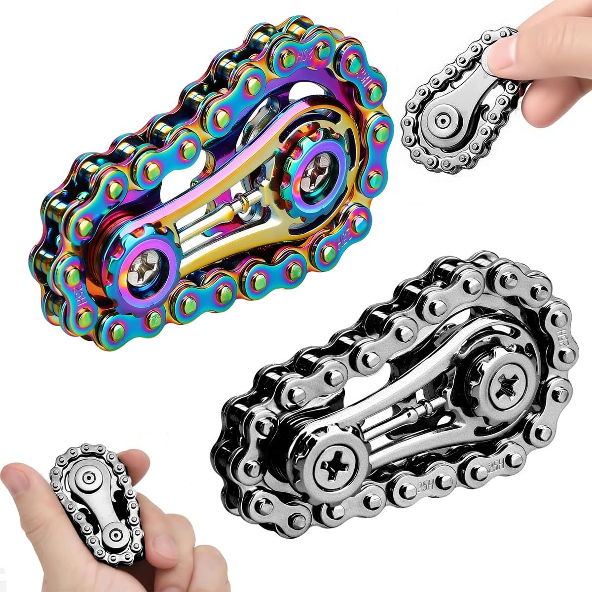 Fidget Sprocket Chain Spinner, 2PCS Assemble Fidget Spinner Ring Gear Toys for Kids Adults, Metal Sprocket Gear Fidgeting Sensory Bike Chain, EDC Stress Relief Hand Roller Kinetic Desk Gift (black)