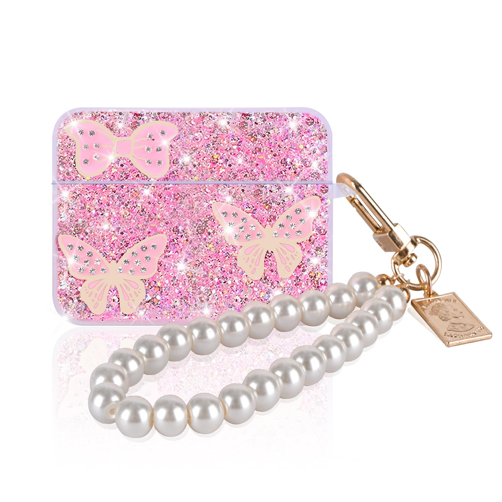DiyGody for AirPods Pro 2 Case 2022 Glitter with Pearl Keychain, Butterfly Bow Tie Sparkle Design for Girls Women Shockproof Full Protective Cover Case for AirPods Pro 2nd Generation(Pink)