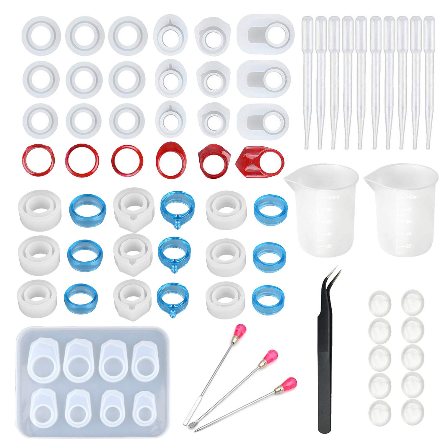 Cayway 45 PCS Resin Silicone Mold, 28 PCS Mixed Ring Jewelry Resin Casting Molds with Various Making Tools for Liquid Clay Crafting, Resin Epoxy, Jewelry