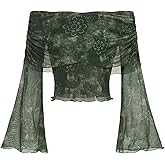 Verdusa Women's 70s Off The Shoulder Renaissance Bell Sleeve Mesh Crop Tops Whimsical Clothes