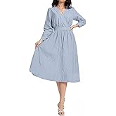 LUXEBOLD Women's Long Sleeve V Neck Maxi Dress Striped Casual Flowy A-line Mid Dress Elastic Waist Long Dresses with Pockets