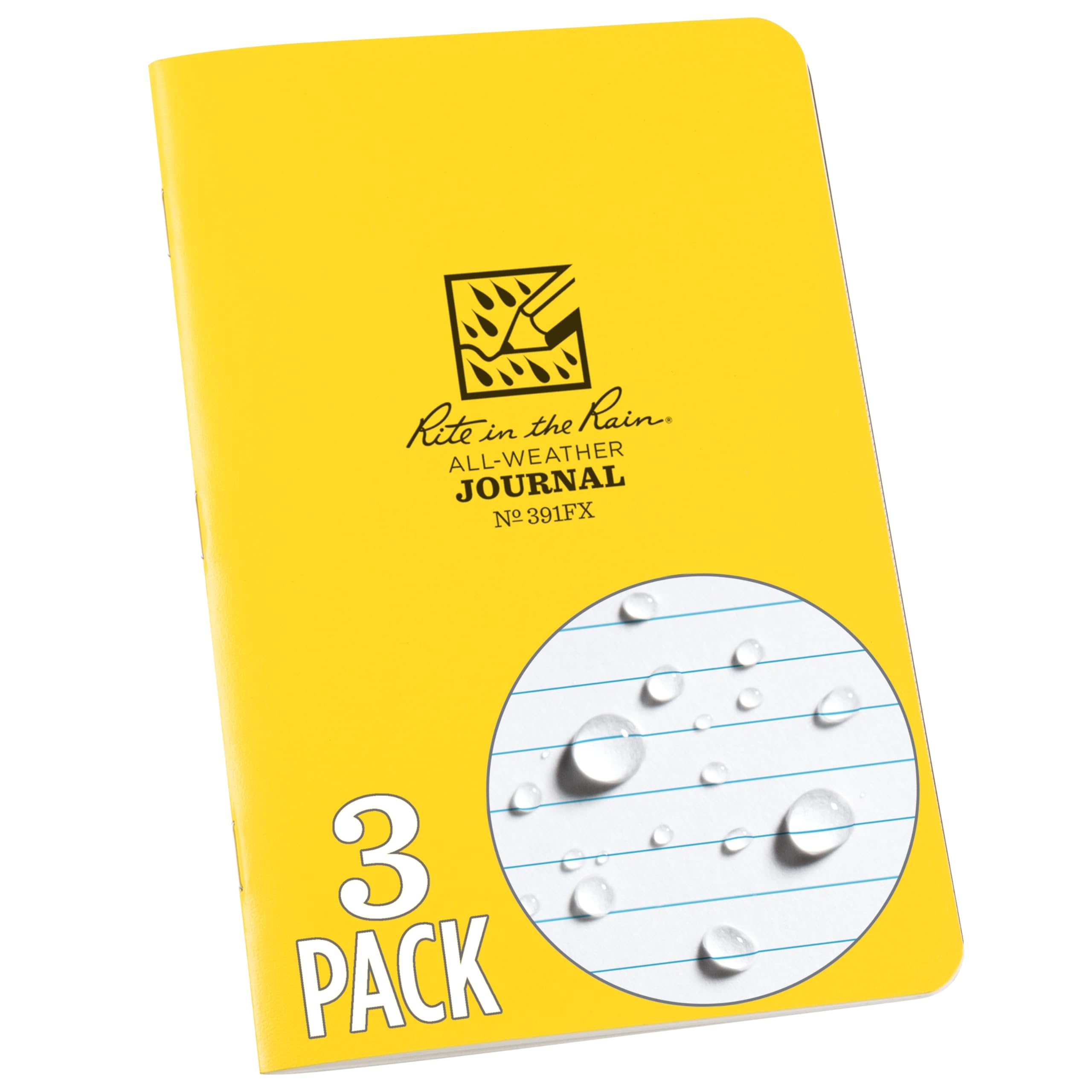 Rite in the Rain Weatherproof Stapled Notebook, 4.625" x 7", Yellow Cover, Journal Pattern, 3 Pack (No. 391FX)