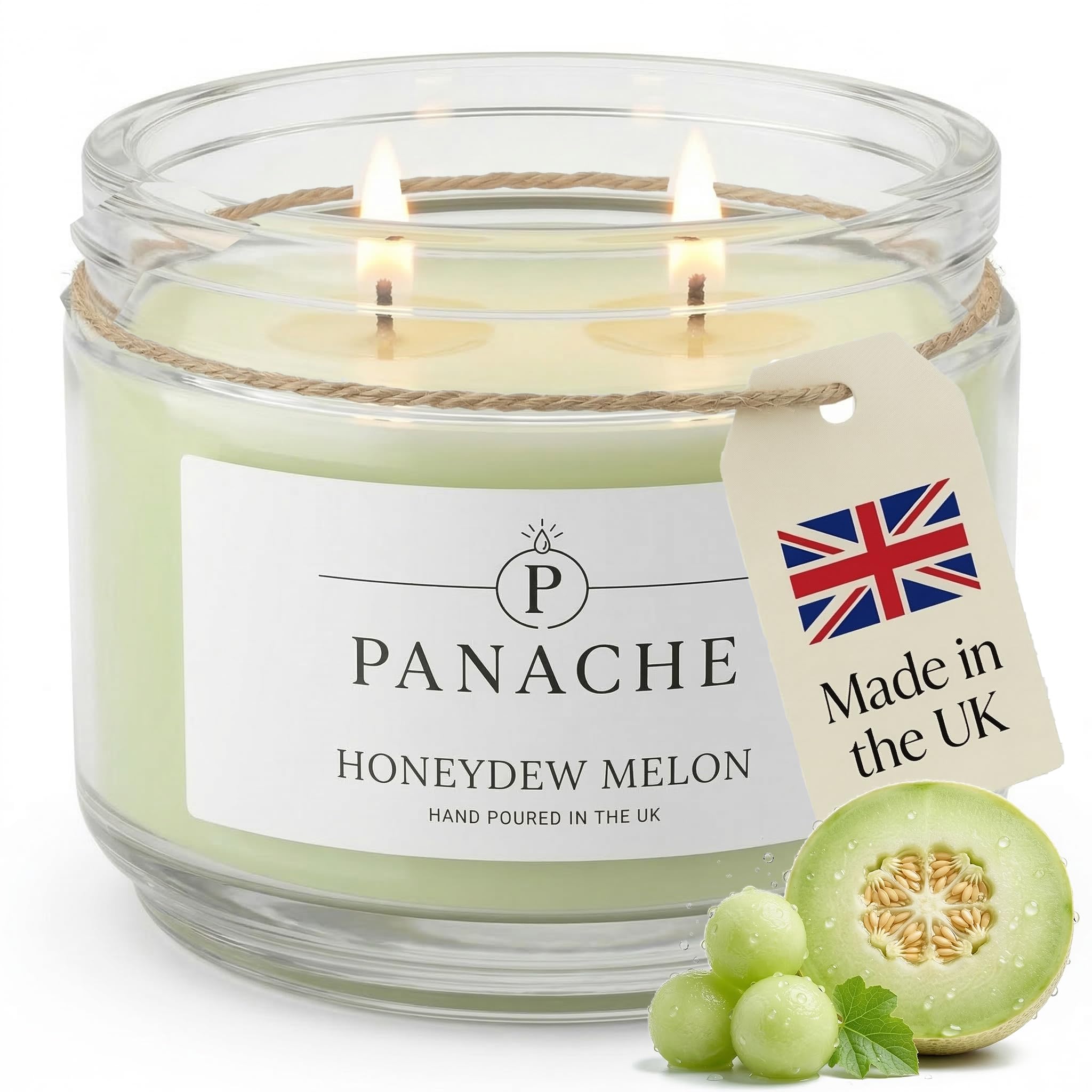 Panache Honeydew Melon Scented Candle – Double Wick Soy Wax Candle, 48 Hour Burn Time, Hand Poured in UK, Clean Burning Cotton Wicks, Luxury Glass Jar Candle for Home Fragrance & Gifts (320g)