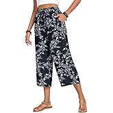 Anyhold Women's Capri Pants Drawstring Casual Palazzo Trousers with Pockets Loose High Waisted Wide Leg Lounge Pants