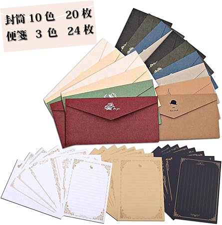 Amazon Sora K レターセット 44点セット 封筒10色枚 便箋３色24枚 メッセージカード 手紙 アンティーク レターセット 文房具 オフィス用品