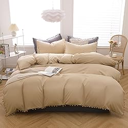 Luxlovery Beige Pom Pom Comforter Set King Ball Pom